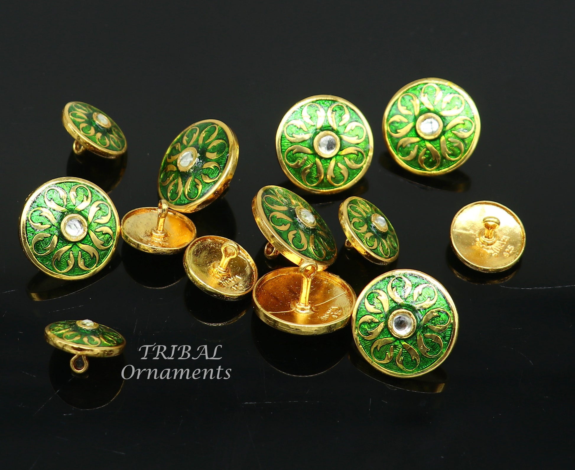 Set of 13 green enamel 925 sterling silver handcrafted buttons for men's coats or suits, with tribal ornament design.
