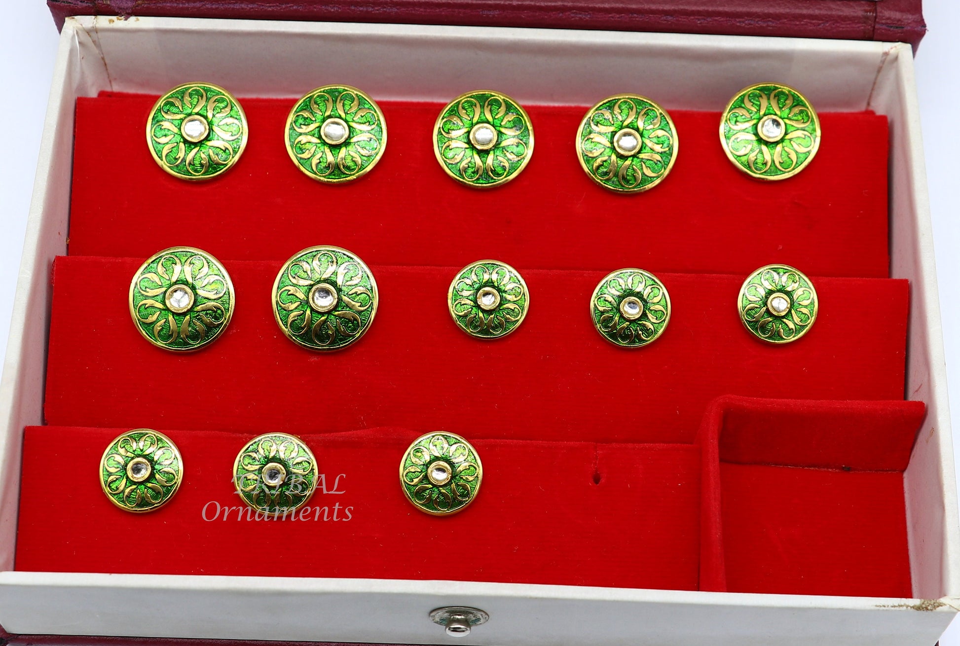 Set of 13 green enamel sterling silver handcrafted buttons for men's coats or suits, featuring tribal ornament design.