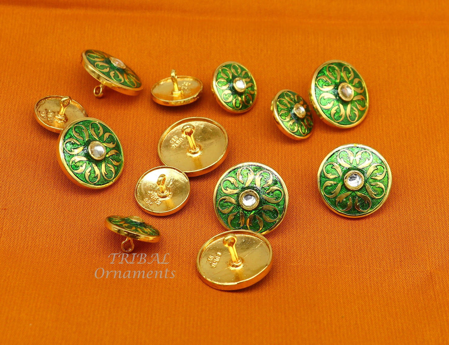 Set of 13 green enamel 925 sterling silver handcrafted buttons for men's coats or suits by Tribal Ornaments.