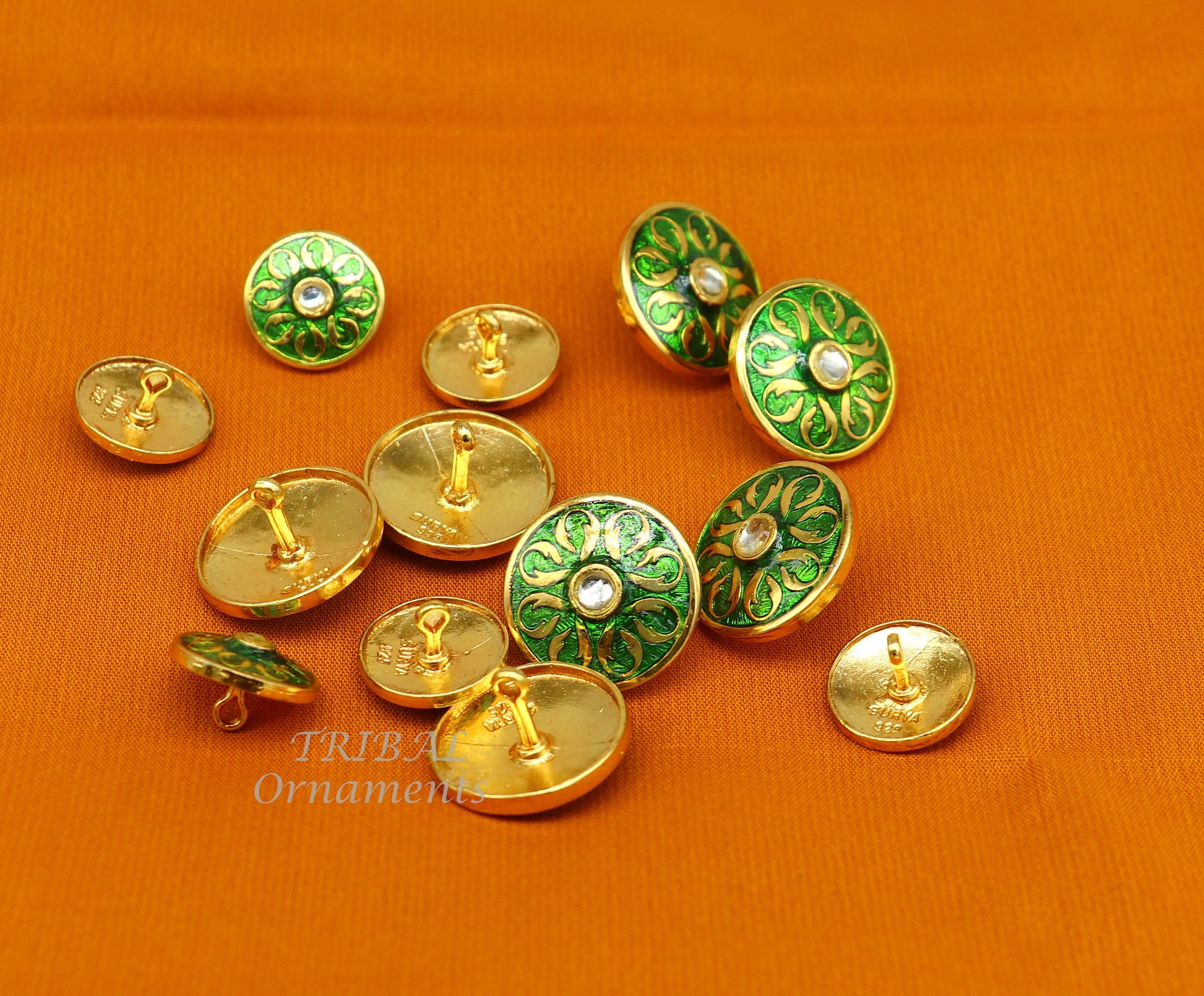 Set of 13 green enamel sterling silver handcrafted buttons for men's coat or suit, tribal ornament design, versatile jewelry accessory