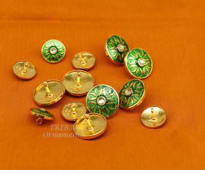 Set of 13 green enamel sterling silver handcrafted buttons for men's coat or suit, tribal ornament design, versatile jewelry accessory
