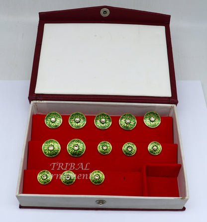 Set of 13 green enamel 925 Sterling silver handcrafted buttons for men's coats or suits, tribal ornament design.
