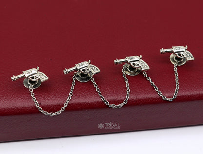 Gun design 925 Sterling Silver set of 4 kurta Buttons for Fashion Perfection, silver cufflinks, cultural trendy jewelry btn48 - TRIBAL ORNAMENTS