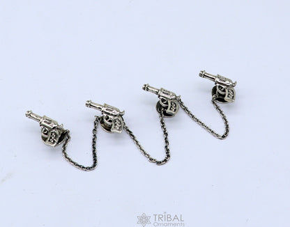 Gun design 925 Sterling Silver set of 4 kurta Buttons for Fashion Perfection, silver cufflinks, cultural trendy jewelry btn48 - TRIBAL ORNAMENTS