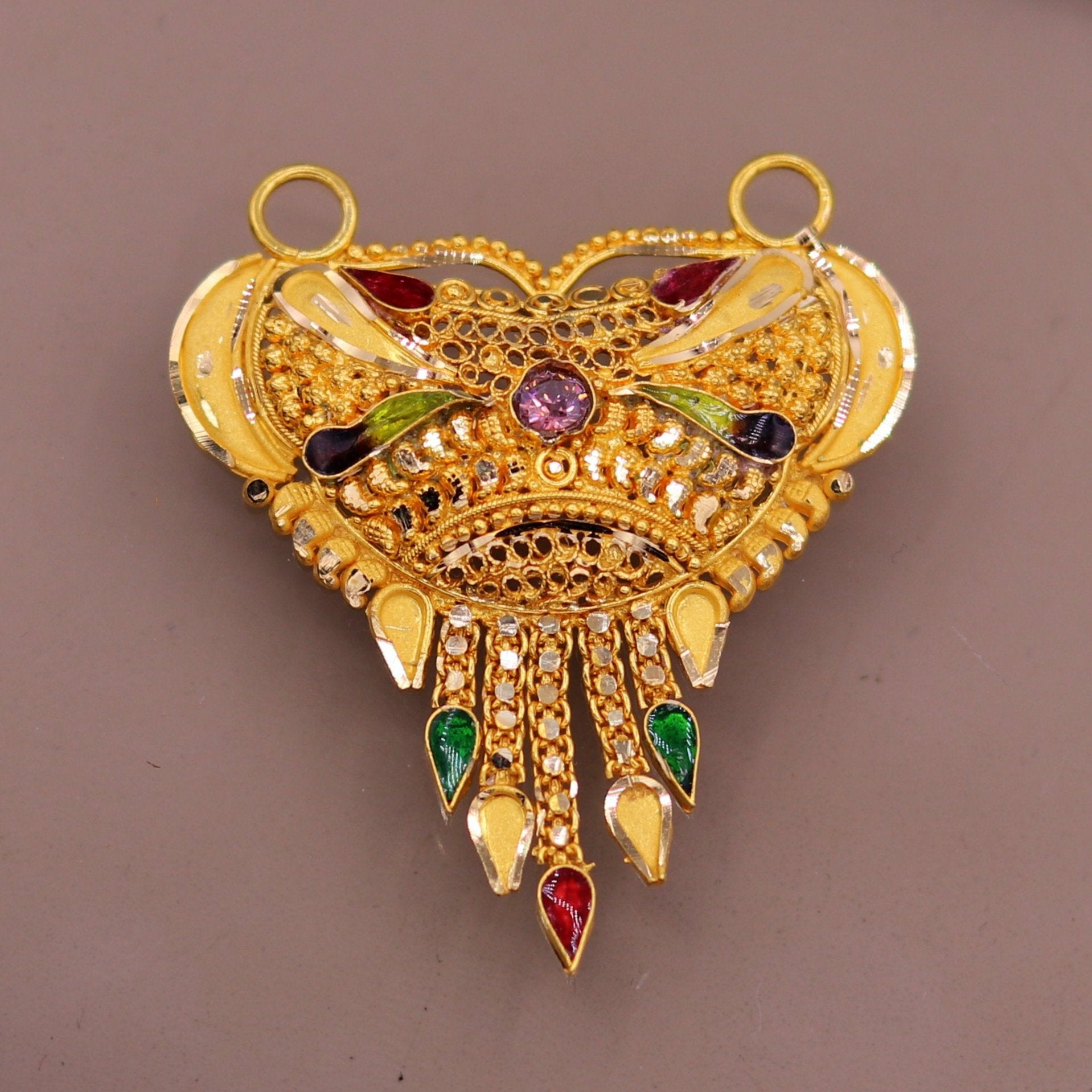 Handcrafted 22KT yellow gold tribal pendant with intricate filigree work, hallmarked 916, traditional Indian tribal jewelry design.