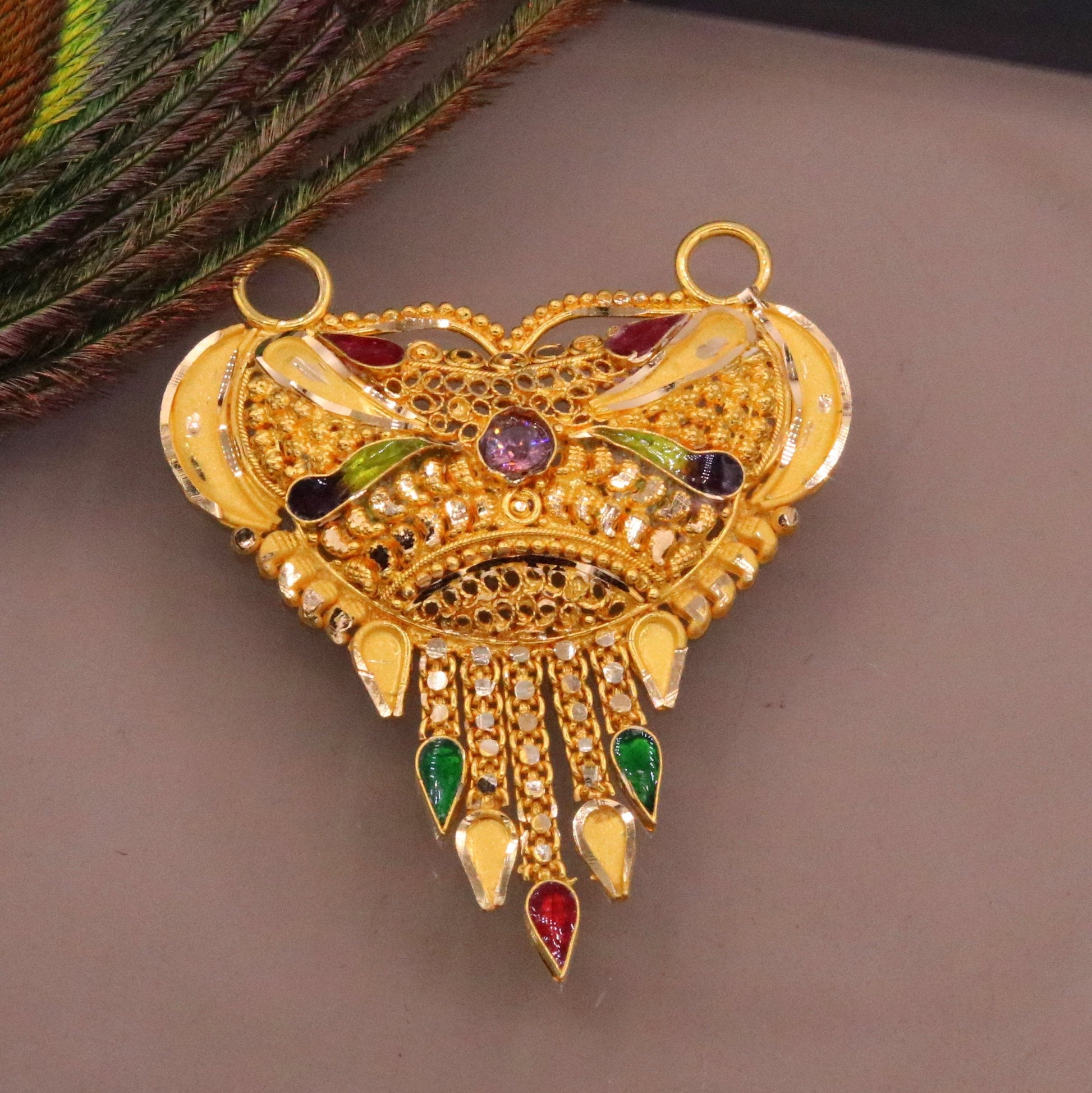 Handcrafted 22KT yellow gold tribal pendant with intricate filigree work and 916 hallmark, traditional Indian tribal jewelry piece.