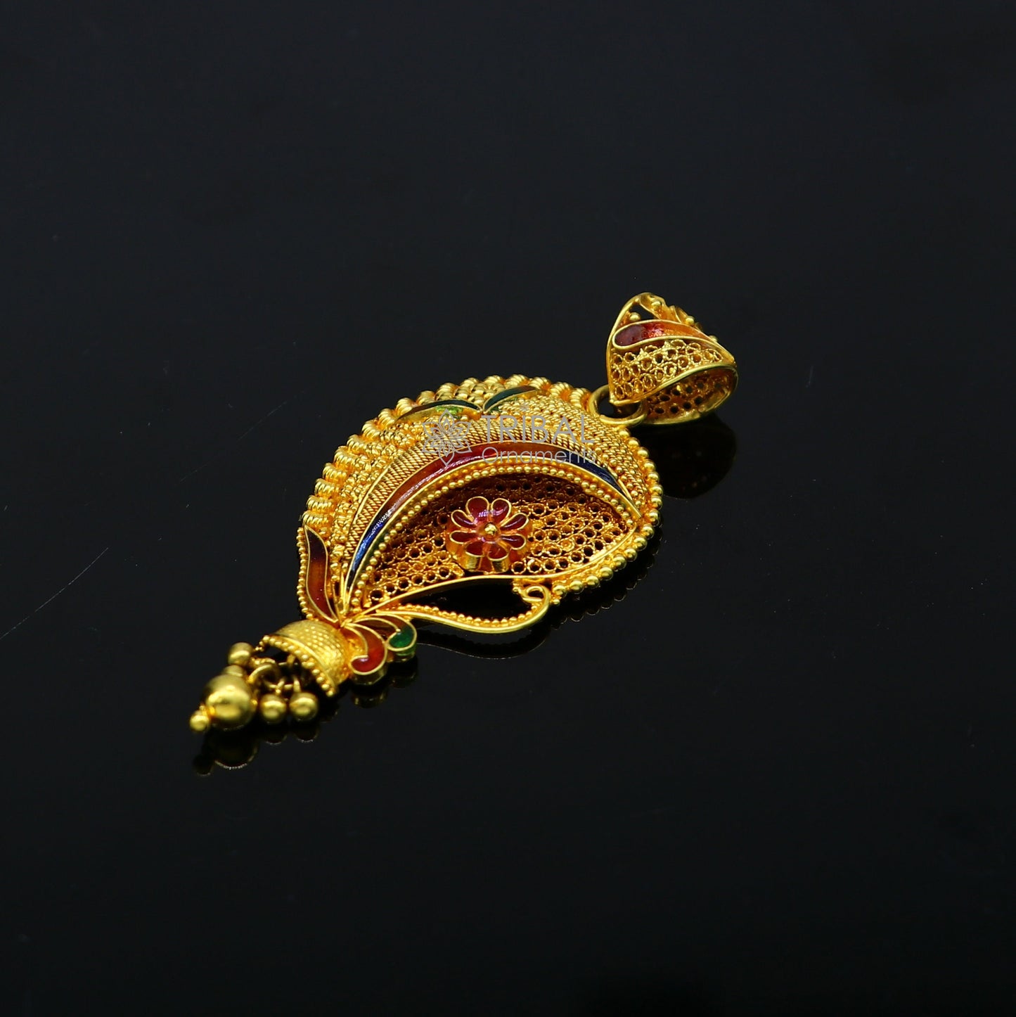 Handcrafted 22KT yellow gold traditional filigree pendant, ethnic bridal jewelry, intricate design, unique tribal ornament accessory