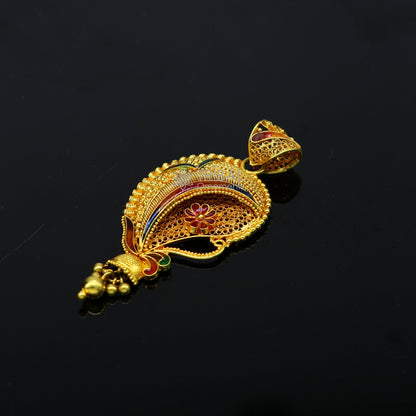 Handcrafted 22KT yellow gold traditional filigree pendant, ethnic bridal jewelry, intricate design, unique tribal ornament accessory