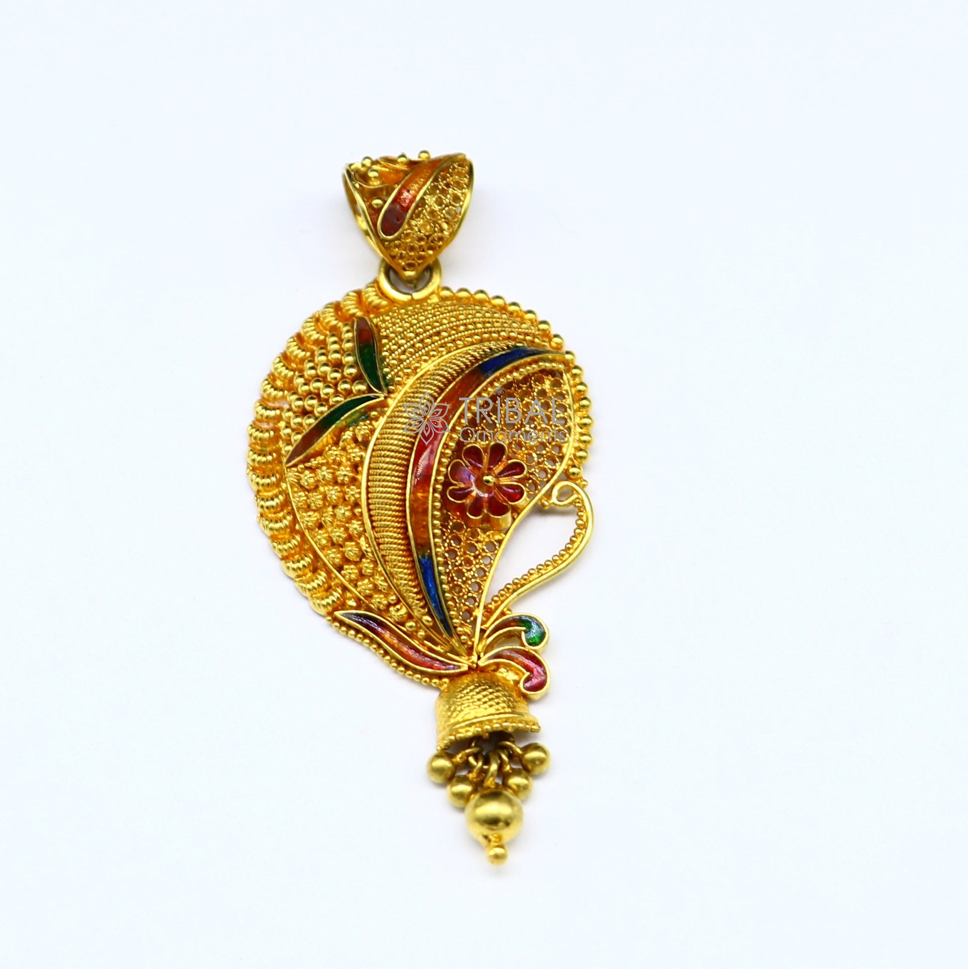 Handcrafted 22KT yellow gold traditional filigree pendant, ethnic bridal jewelry, intricate tribal design, unique pendant by TRIBAL ORNAMENTS.
