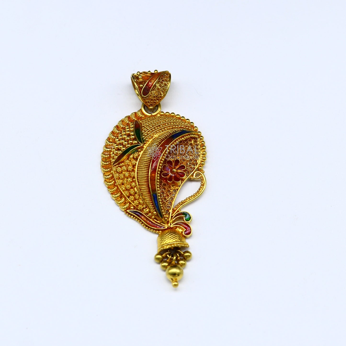 Handcrafted 22KT yellow gold traditional filigree pendant, ethnic bridal jewelry, intricate design, unique tribal ornament.