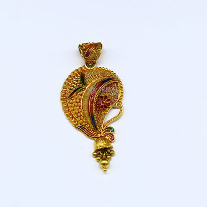 Handcrafted 22KT yellow gold traditional filigree pendant, ethnic bridal jewelry, intricate design, unique tribal ornament.