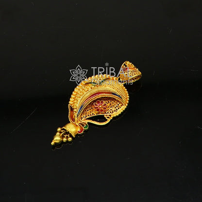 Handcrafted traditional filigree work 22KT yellow gold ethnic bridal pendant with intricate design and unique craftsmanship.