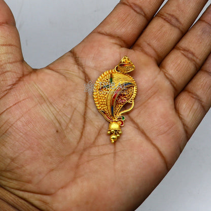 Handcrafted 22KT yellow gold traditional filigree pendant featuring intricate ethnic bridal jewelry design by TRIBAL ORNAMENTS.