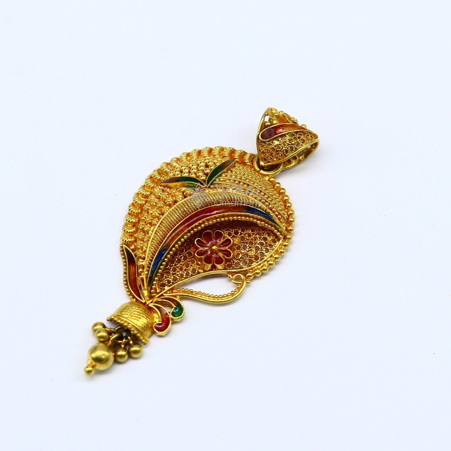 Handcrafted traditional filigree work 22KT yellow gold pendant, ethnic bridal jewelry by TRIBAL ORNAMENTS with intricate design.