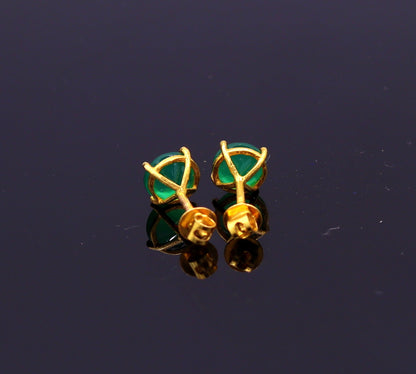Handmade 18 karar yellow gold amazing green onyx stone stud earring excellent vintage antique design er90 - TRIBAL ORNAMENTS