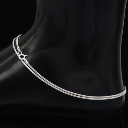 Handmade 1mm sterling silver snake chain ankle bracelet with delicate design, perfect for foot jewelry or belly dance accessories.
