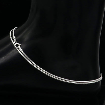 Handmade 1mm sterling silver snake chain ankle bracelet with delicate design, perfect for foot jewelry and belly dance accessories.