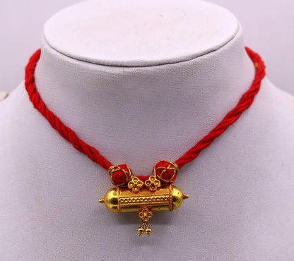 Handmade 20K yellow gold vintage tribal amulet necklace from Rajasthan, India, featuring an antique, unique tribal jewelry design.