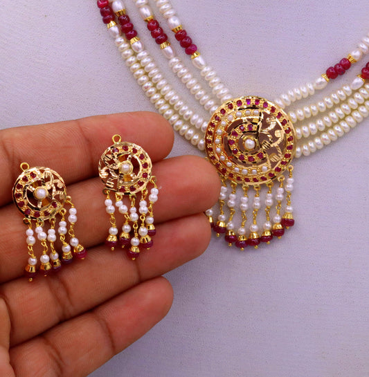 Handmade 22kt yellow gold genuine necklace set string with pearl ruby(imitation beads) punjabi muslim rajputi jewelry - TRIBAL ORNAMENTS