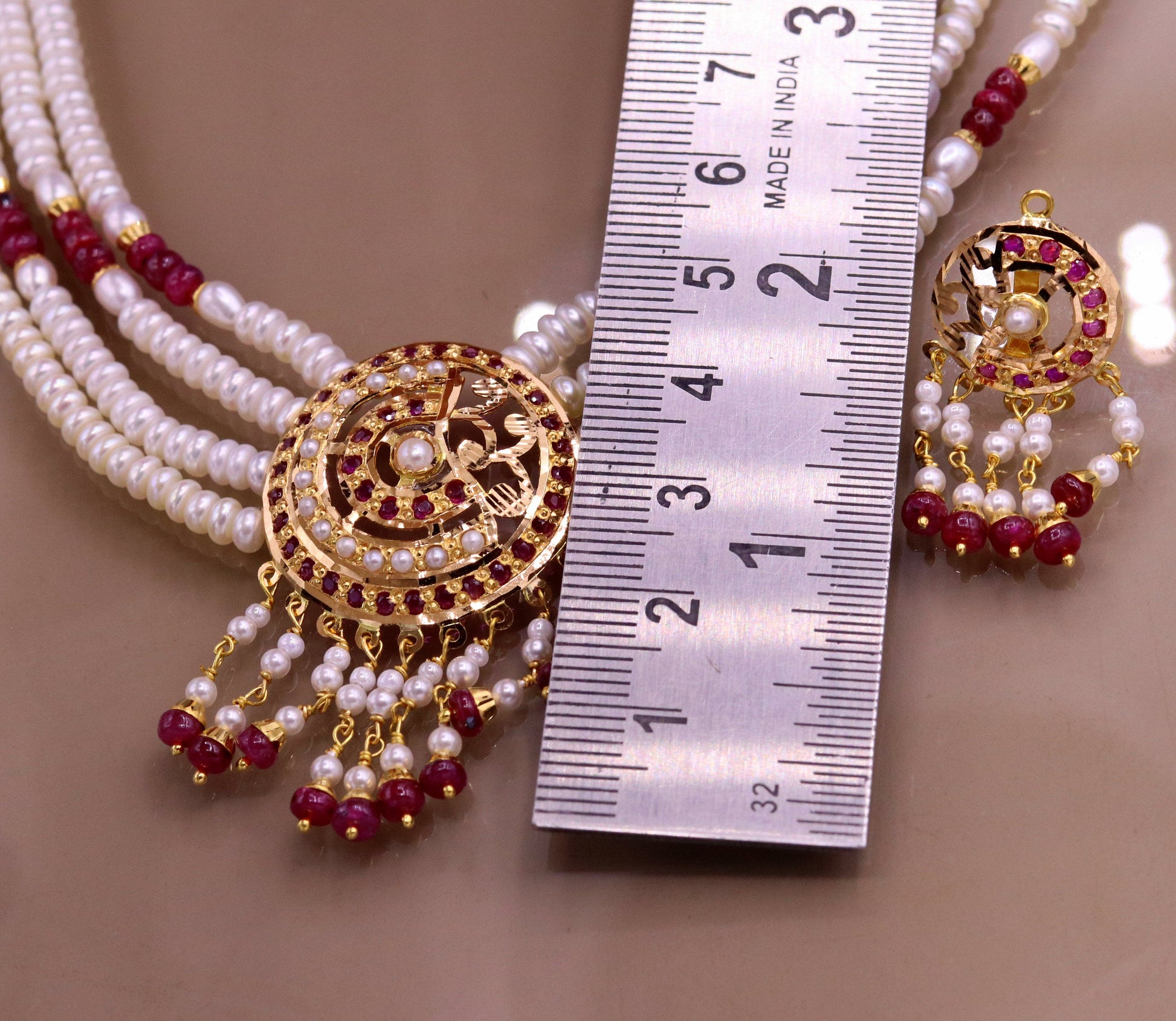 Handmade 22kt yellow gold genuine necklace set string with pearl ruby(imitation beads) punjabi muslim rajputi jewelry - TRIBAL ORNAMENTS