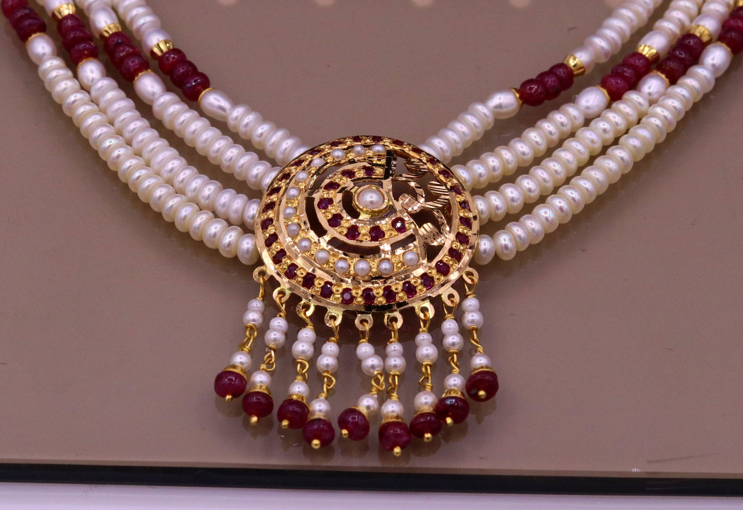 Handmade 22kt yellow gold genuine necklace set string with pearl ruby(imitation beads) punjabi muslim rajputi jewelry - TRIBAL ORNAMENTS