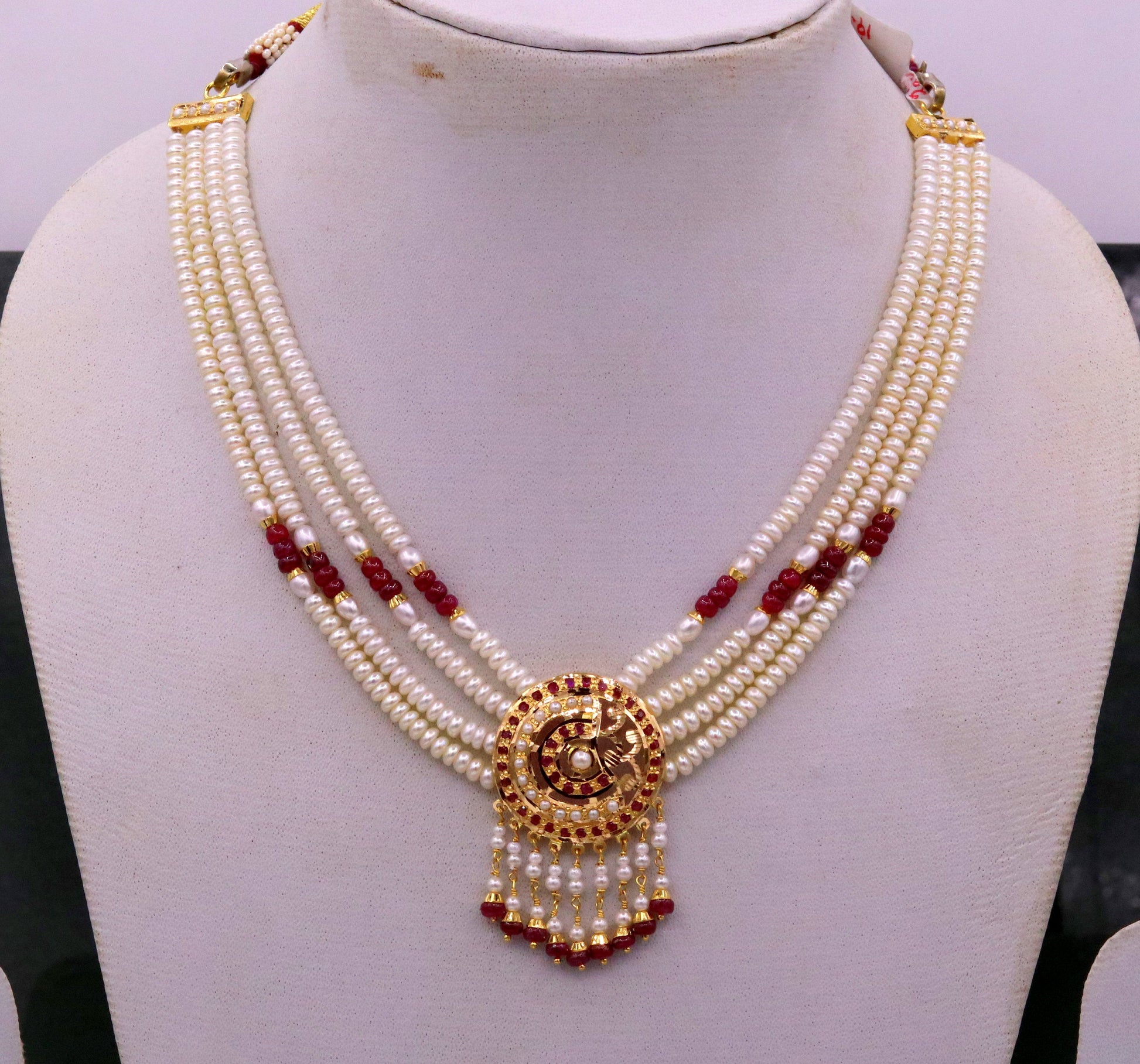 Handmade 22kt yellow gold genuine necklace set string with pearl ruby(imitation beads) punjabi muslim rajputi jewelry - TRIBAL ORNAMENTS