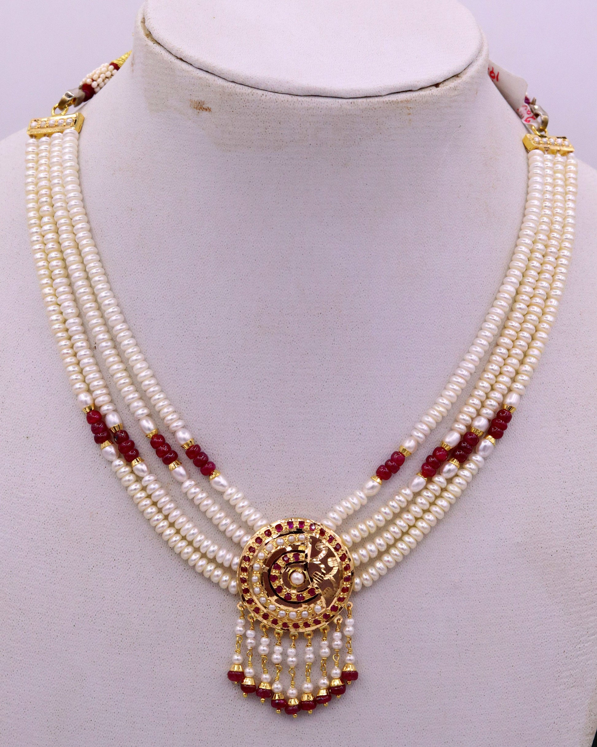 Handmade 22kt yellow gold genuine necklace set string with pearl ruby(imitation beads) punjabi muslim rajputi jewelry - TRIBAL ORNAMENTS