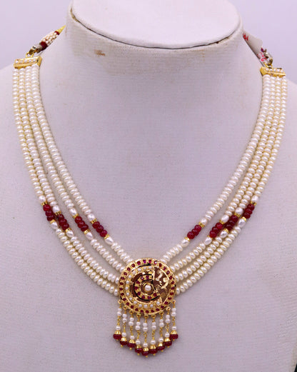 Handmade 22kt yellow gold genuine necklace set string with pearl ruby(imitation beads) punjabi muslim rajputi jewelry - TRIBAL ORNAMENTS