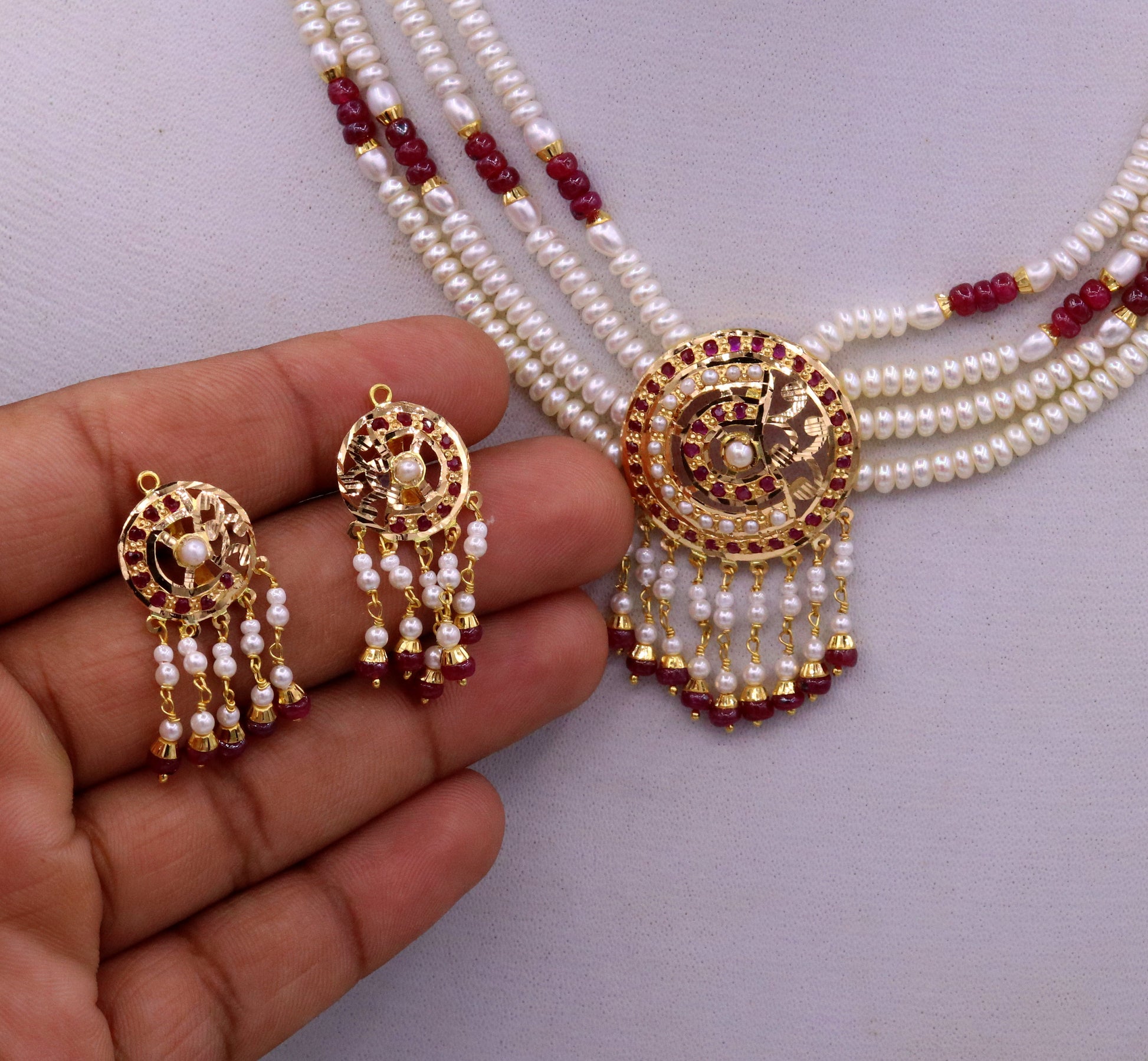 Handmade 22kt yellow gold genuine necklace set string with pearl ruby(imitation beads) punjabi muslim rajputi jewelry - TRIBAL ORNAMENTS