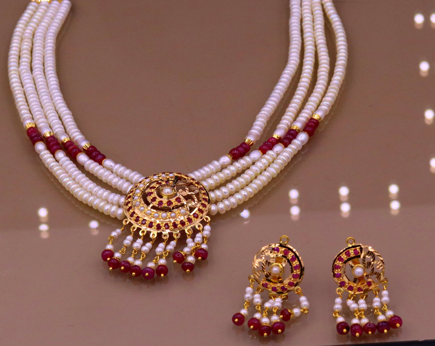 Handmade 22kt yellow gold genuine necklace set string with pearl ruby(imitation beads) punjabi muslim rajputi jewelry - TRIBAL ORNAMENTS