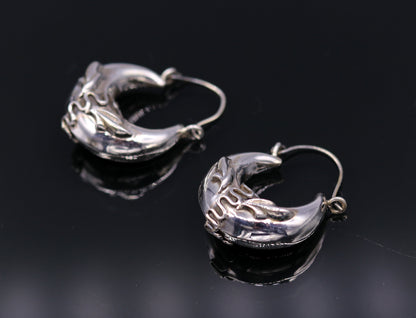 Handmade 925 sterling silver Bali hoop earrings with tribal ethnic design from Rajasthan, India, featuring unisex stylish jewelry.