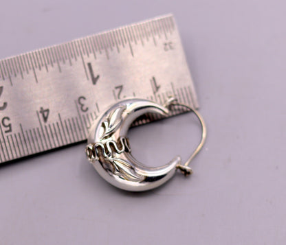 Handmade 925 sterling silver Bali earrings with tribal ethnic design, stylish hoops, unisex jewelry from Rajasthan India.