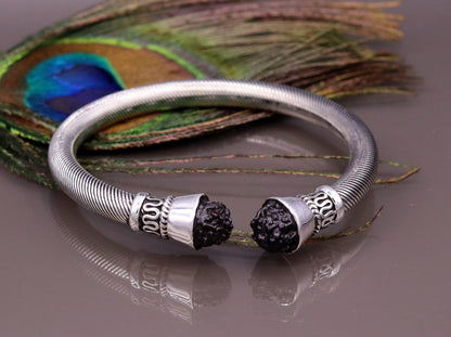 925 sterling silver bangle bracelet with Rudraksha beads, open face unisex cuff kada jewelry by Tribal Ornaments.