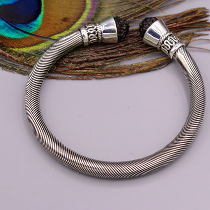 925 sterling silver open face bangle cuff with Rudraksha beads, unisex tribal jewelry from Tribal Ornaments.