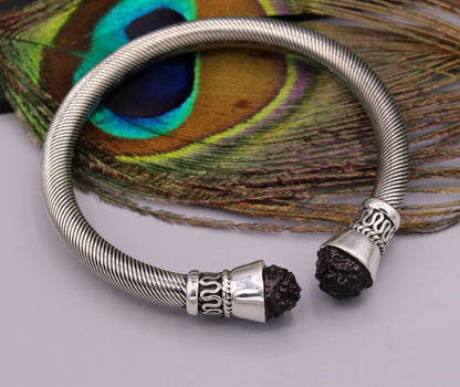 Sterling silver open face bangle cuff bracelet with Rudraksha beads, unisex handmade jewelry by Tribal Ornaments.