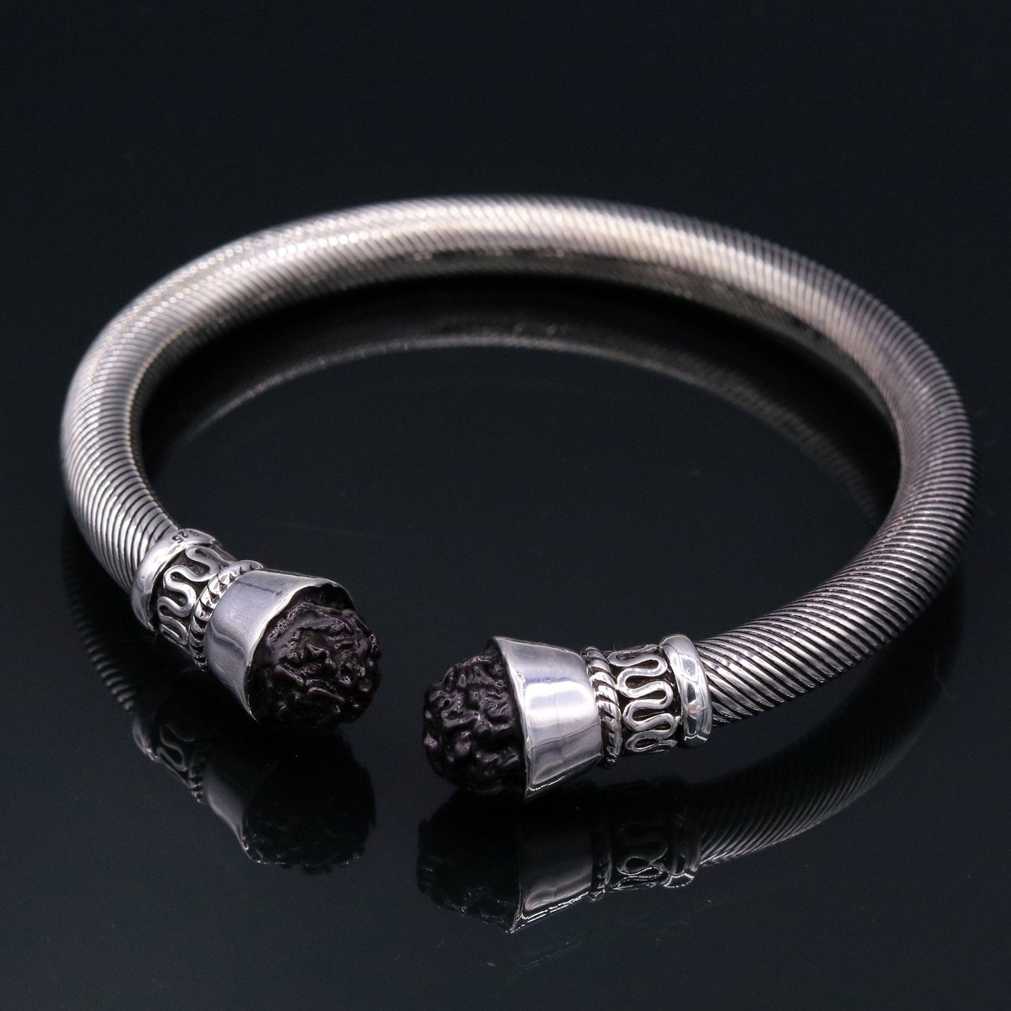 Handmade 925 sterling silver antique style bangle bracelet kada with amazing rudraksha beads open face unisex jewelry nsk57 - TRIBAL ORNAMENTS