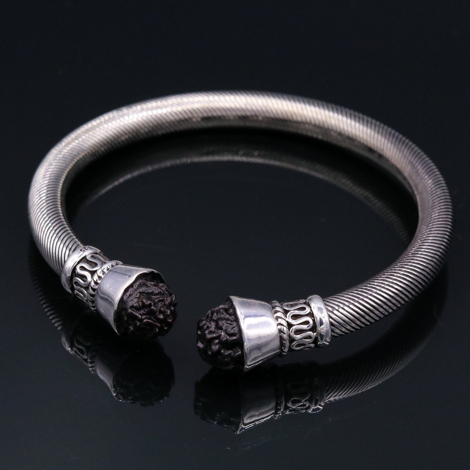 Handmade 925 sterling silver antique style bangle bracelet kada with amazing rudraksha beads open face unisex jewelry nsk57 - TRIBAL ORNAMENTS