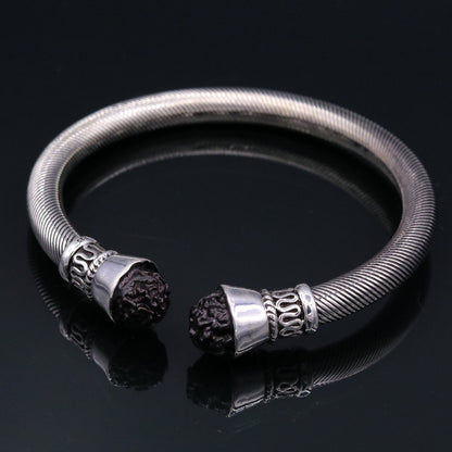 925 sterling silver Rudraksha beads open face bangle cuff by TRIBAL ORNAMENTS, unisex handmade jewelry with antique style.