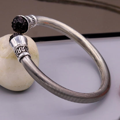 Handmade 925 sterling silver open face bangle with Rudraksha beads, unisex tribal jewelry by TRIBAL ORNAMENTS.