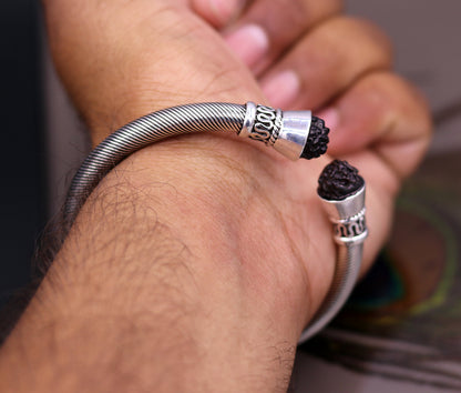 Sterling silver bangle with open face design and Rudraksha beads, unisex Tribal Ornaments jewelry, handmade antique style bracelet