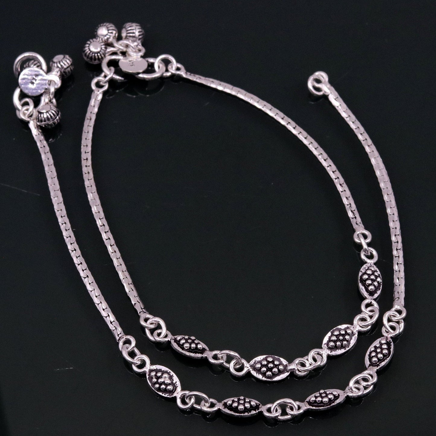 Handmade 925 sterling silver gorgeous anklets pair, excellent feet bracelet,stylish trendy oxidized design ankle charm bracelet india ank91 - TRIBAL ORNAMENTS