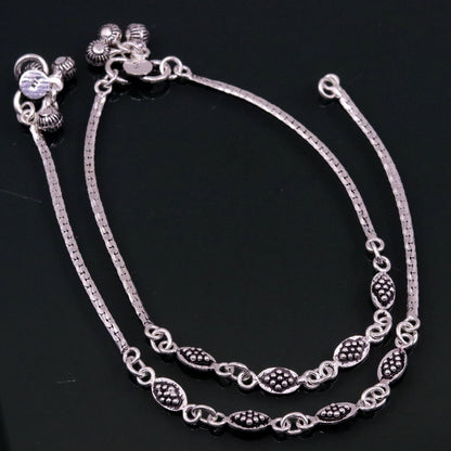 Handmade 925 sterling silver anklets pair with trendy oxidized design, stylish ankle charms, perfect for fashionable feet.
