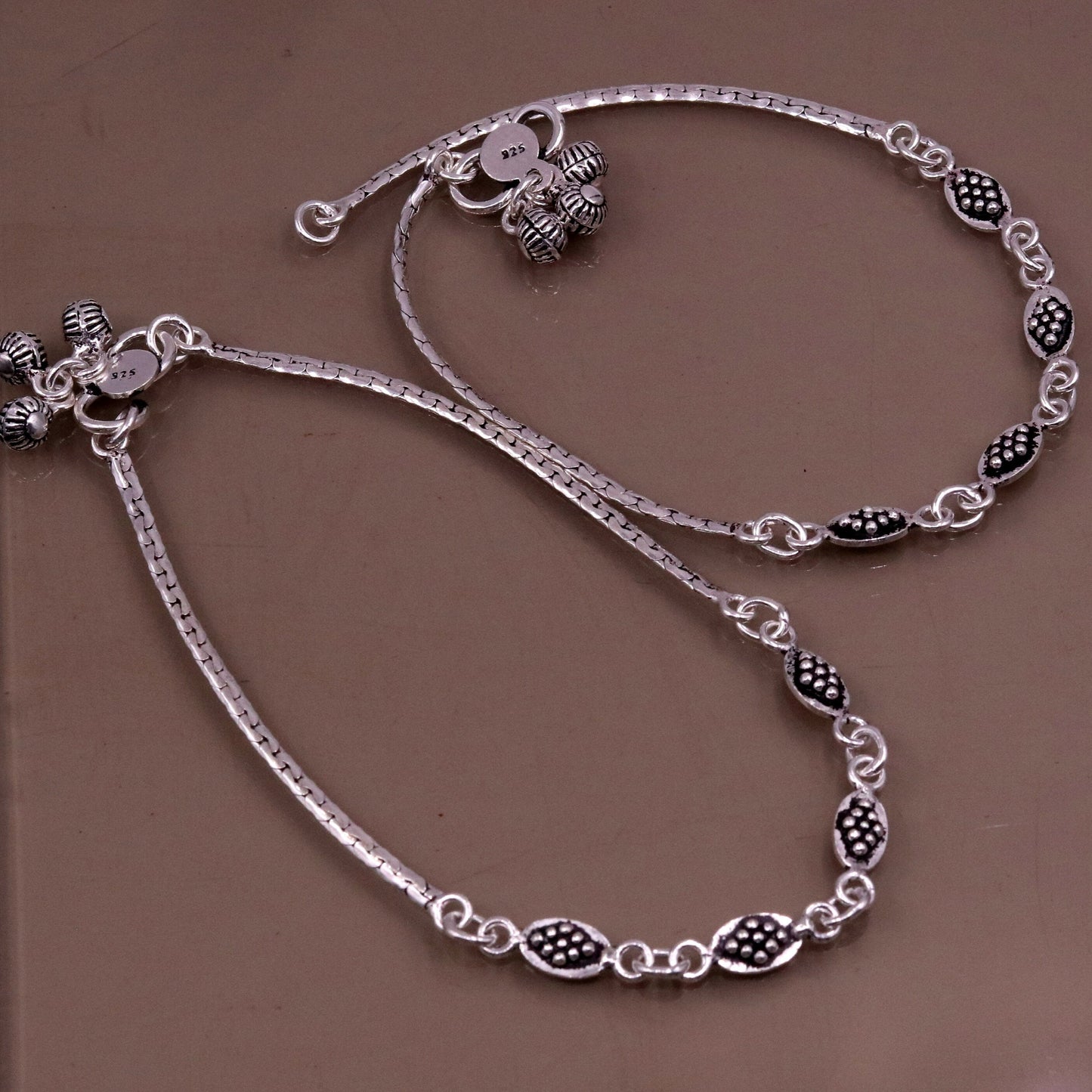 Handmade 925 sterling silver gorgeous anklets pair, excellent feet bracelet,stylish trendy oxidized design ankle charm bracelet india ank91 - TRIBAL ORNAMENTS