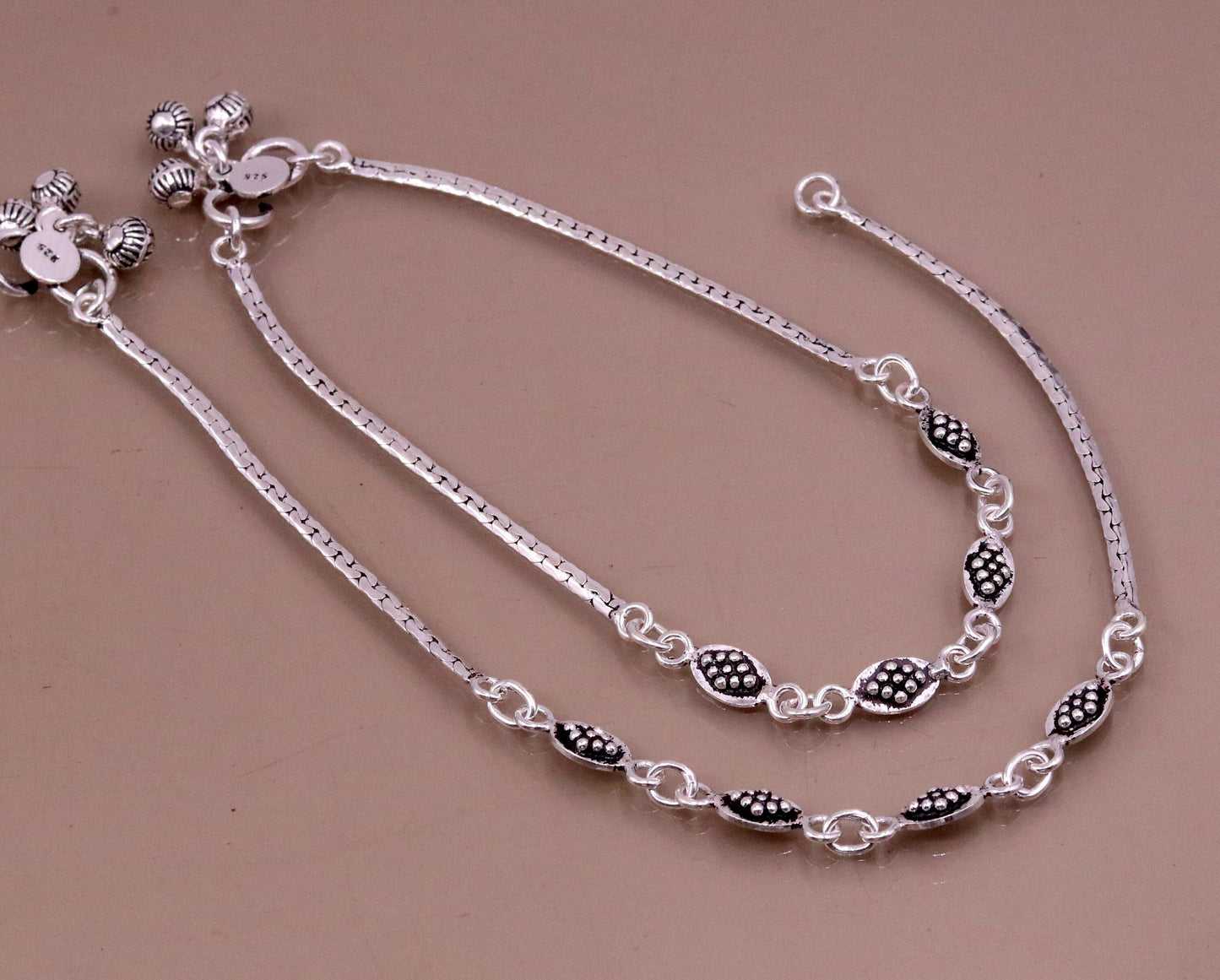 Handmade 925 sterling silver gorgeous anklets pair, excellent feet bracelet,stylish trendy oxidized design ankle charm bracelet india ank91 - TRIBAL ORNAMENTS
