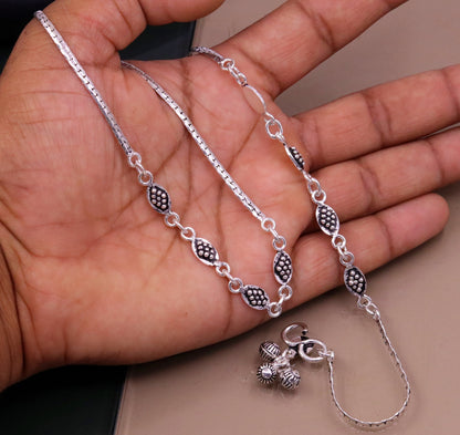 Pair of handmade 925 sterling silver anklets with trendy oxidized design, stylish ankle charm bracelets from Tribal Ornaments.
