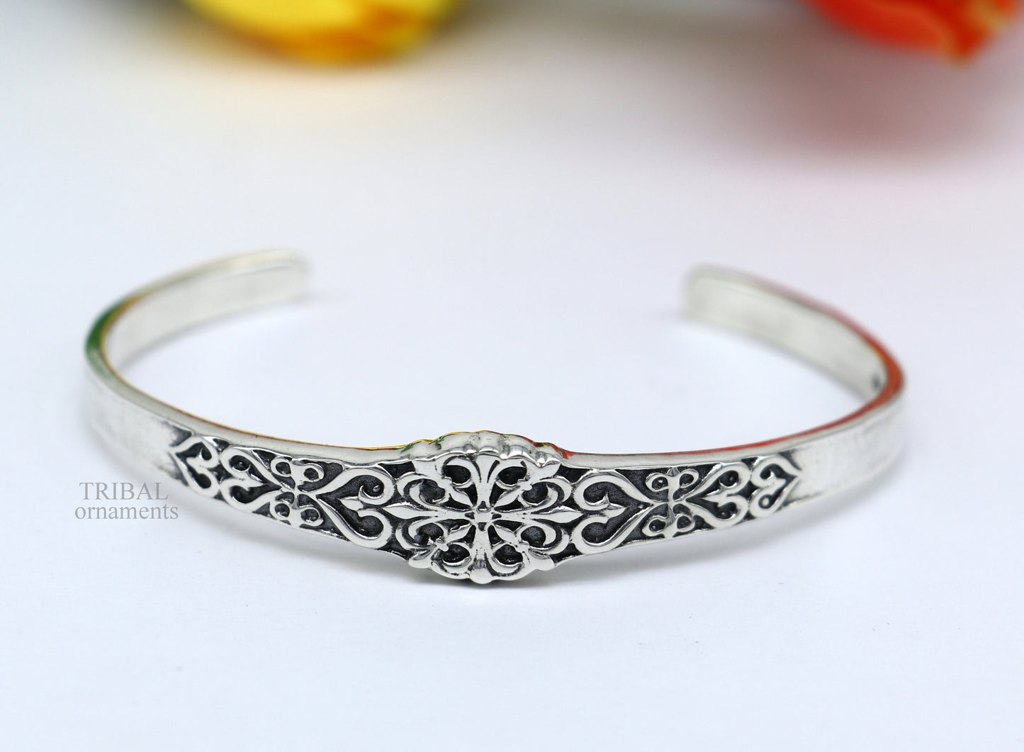 Unisex 925 sterling silver open face cuff bangle bracelet with intricate tribal design, handmade tribal ornaments jewelry.
