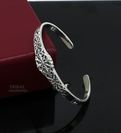 Unisex 925 sterling silver open face cuff bangle bracelet with intricate tribal design, handmade Indian jewelry by Tribal Ornaments.