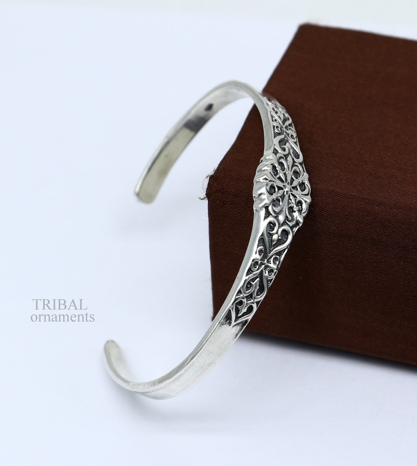 Unisex 925 sterling silver open face cuff bangle bracelet with intricate tribal design, handmade Indian jewelry by Tribal Ornaments