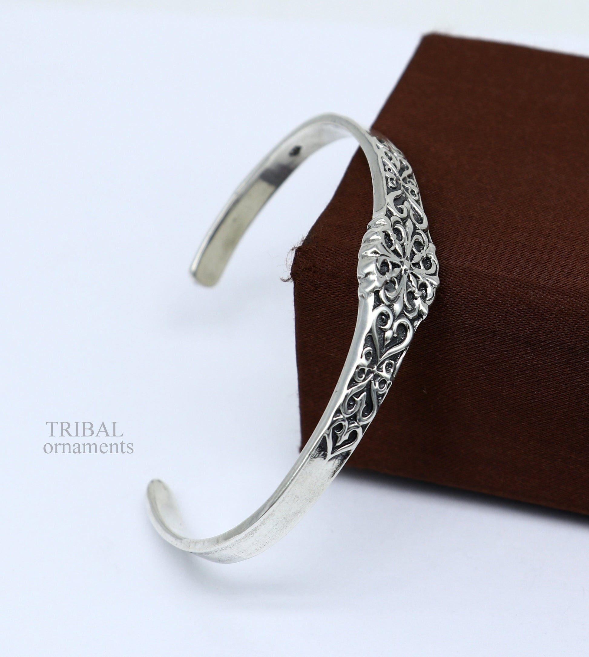 Unisex 925 sterling silver open face cuff bangle bracelet with intricate tribal design, handmade Indian jewelry by Tribal Ornaments
