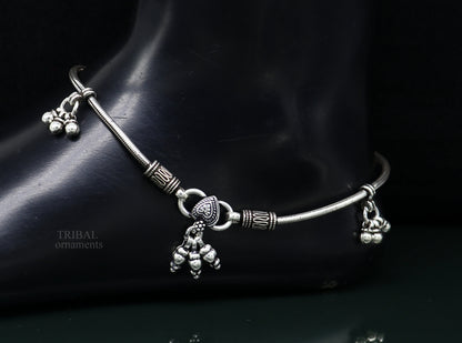 Sterling silver tribal anklet with vintage antique design, hanging bells, suitable for belly dance or bohemian style footwear jewelry.